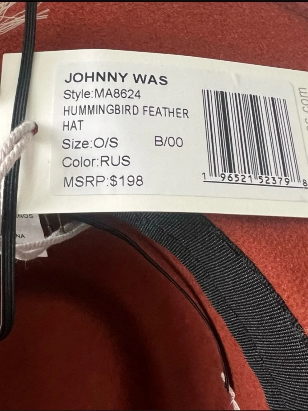 Johnny Was Fedora Hat Rust Color Embroidered Wool with Blue Hummingbird Feather
